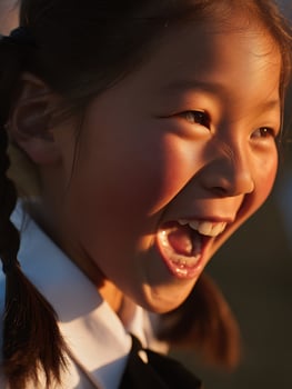 Close up portrait of a happy young girl laughing in the golden sunlight. photo