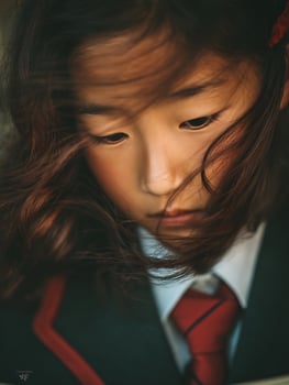 Close Up Portrait of a Young Girl with Windblown Hair, Wearing a School Uniform. photo
