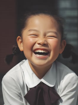 Joyful Little Girl in School Uniform, Close Up Portrait. photo