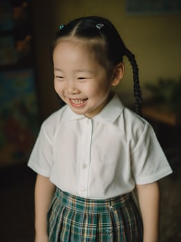 Portrait of a smiling young girl in school uniform, close up. photo
