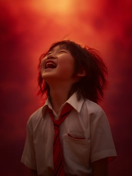 Joyful Child with Red Tie Against a Dramatic Red Sky. A portrait of a young girl laughing with exuberance, bathed in warm light. photo