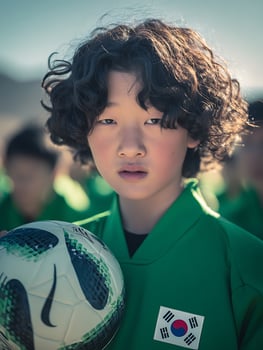 Portrait of a Young South Korean Boy Holding a Soccer Ball. photo