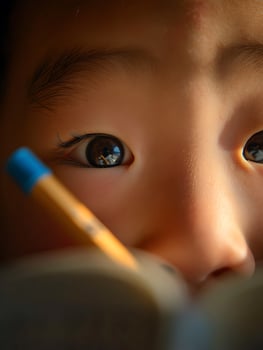 Close up of a Child's Eyes Focused on a Pencil. A Detailed Image of a Young Person Concentrating. photo