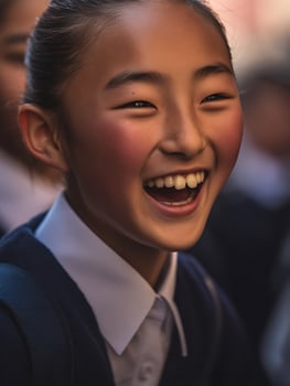 Close up of a Joyful Schoolgirl's Face, Showing Genuine Happiness and Exuberance. photo