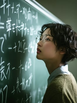 Young Person Studying Japanese Characters on a Blackboard. photo