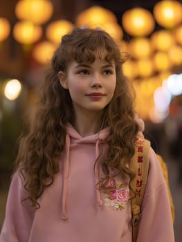 Girl with Curly Hair in Pink Hoodie at Night Market. A young woman enjoys the warm glow of lanterns at an evening market. photo