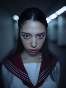 Close up portrait of a young woman in a sailor uniform, serious expression. photo