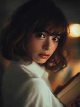 Close up portrait of a young woman with brown hair, holding a book, soft lighting. photo