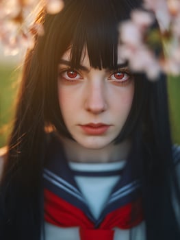 Close up portrait of a young woman with red eyes, framed by cherry blossoms. photo