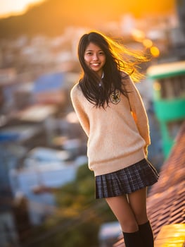 Japanese Schoolgirl at Sunset, Golden Hour Portrait. photo