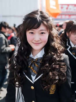 Portrait of a smiling young woman with long curly hair, wearing a school uniform. photo