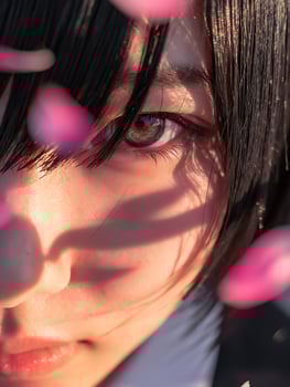 Close Up of a Woman's Eye with Pink Petals Falling. A captivating image showcasing the beauty of the human eye and the ethereal nature of falling petals. photo