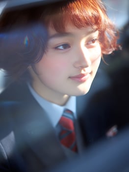 Portrait of a Young Woman with Red Hair, Seen Through a Window. photo