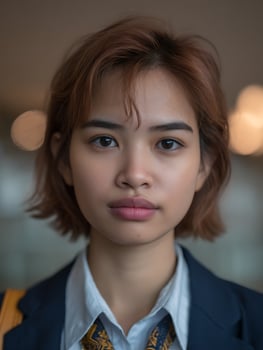 Portrait of a Young Woman with Short Brown Hair. Close up view of her face and upper body. photo