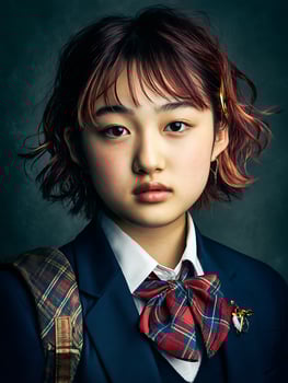Portrait of a Young Woman in a School Uniform with a Plaid Bow Tie. photo