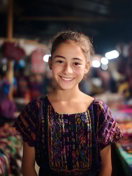 Portrait of a Smiling Young Girl in Traditional Guatemalan Clothing at a Market. photo
