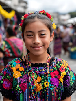 Portrait of a smiling young girl wearing a traditional embroidered Huipil in a Guatemalan market. photo