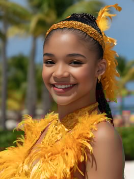 Portrait of a smiling young woman in a vibrant yellow feathered costume, outdoors. photo