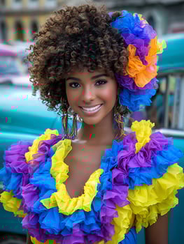 Portrait of a Young Woman in a Colorful Traditional Cuban Dress. photo