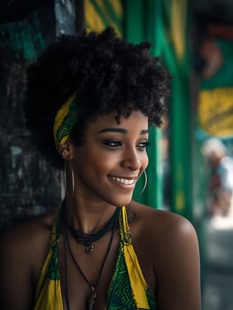 Portrait of a smiling young woman with curly hair and a vibrant yellow and green outfit. photo