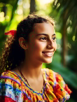 Portrait of a Smiling Young Woman in Vibrant Traditional Clothing Outdoors. photo