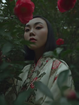 Serene Woman in Floral Kimono Amidst Blooming Camellias. A close up portrait of a young woman in traditional Asian attire. photo