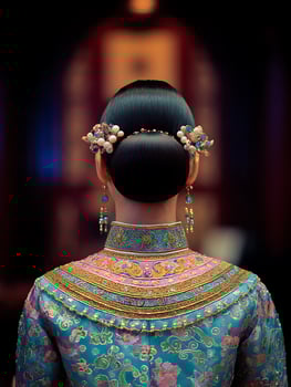 Elegant Woman in Traditional Chinese Clothing, Rear View. A close up showcasing intricate details of a beautiful bun and ornate garment. photo
