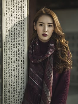 A Young Woman in a Maroon Sweater and Scarf, Posing by Ancient Chinese Calligraphy. photo