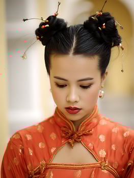 Portrait of a Young Woman in Traditional Chinese Clothing. Her elegant hairstyle and beautiful attire are showcased in this close up image. photo