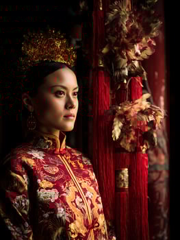Elegant Woman in Traditional Chinese Clothing and Gold Headpiece. A portrait showcasing intricate details of a stunning red embroidered dress and ornate accessories. photo
