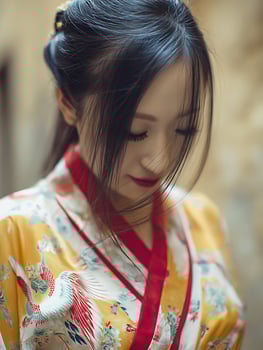 Close up of a Young Woman in a Yellow and Red Floral Kimono. Her Hair Partially Obscures Her Face. photo