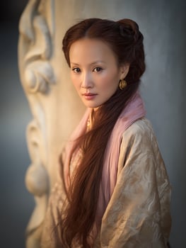 Elegant Asian Woman in Traditional Clothing near a Stone Carving. A portrait showcasing beautiful details of a woman's hairstyle, attire, and jewelry. photo