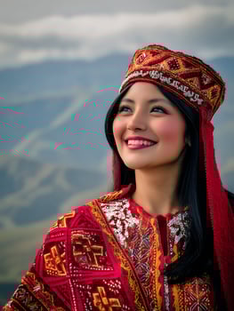 Portrait of a Smiling Woman in Traditional Andean Clothing Against a Mountain Background. photo