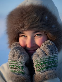 Close Up of a Young Woman's Face in a Fur Hood and Mittens, Winter Scene. photo