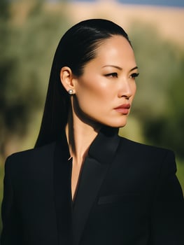 Close up portrait of a stylish Asian woman in a black blazer, looking thoughtfully to the side. photo