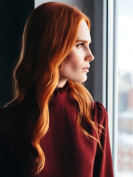 Profile of a Woman with Long Red Hair Looking Out a Window. A Close Up Portrait of a Redhead in a Maroon Dress. photo