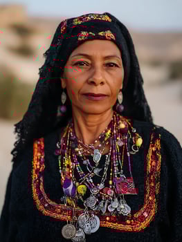 Portrait of an Elderly Woman in Traditional Middle Eastern Attire. A close up view showcasing intricate jewelry and headwear. photo