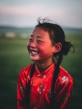 Joyful Young Girl in Traditional Red Clothing Outdoors. A close up portrait of a smiling child, showcasing vibrant colors and cultural attire. photo