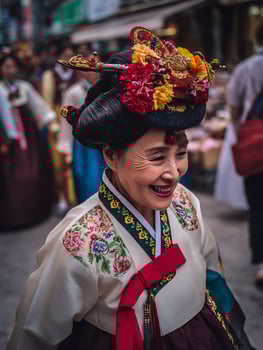 Portrait of a smiling Korean woman in traditional Hanbok dress adorned with flowers. photo