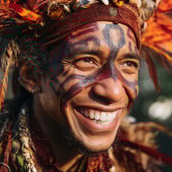 Close Up Portrait of a Smiling Man in Traditional Tribal Headdress and Face Paint. photo