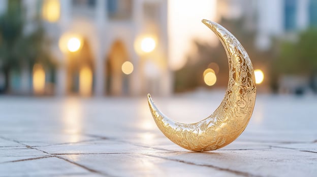 Golden crescent moon, city plaza, sunset, Ramadan photo