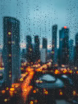Rainy Cityscape Viewed Through a Window Covered in Raindrops. A close up image showing the bokeh effect of city lights through wet glass. photo