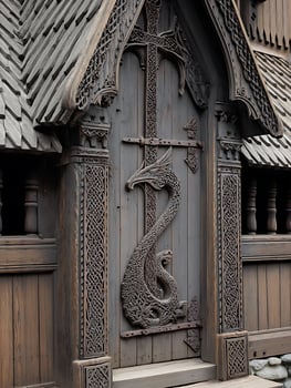 Intricate Wooden Door with Dragon Carving and Celtic Knotwork Detail. A close up of ancient Scandinavian architecture. photo