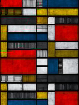 Abstract Geometric Composition in Red, Blue, Yellow and Gray. A modern artwork featuring textured rectangles and squares. photo