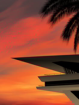 Modern Architecture at Sunset Palm Tree Silhouette and Geometric Building Design. photo