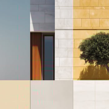 Abstract Architectural Detail Modern Building Facade with Geometric Color Blocks and Greenery. photo