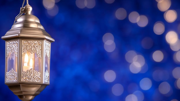 Golden lantern, hanging, blue bokeh background, Ramadan photo