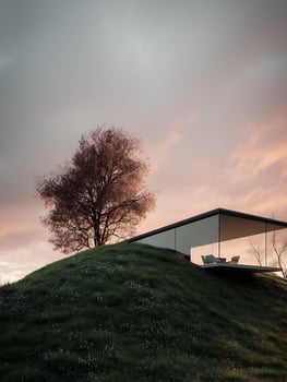 Modern Glass House on a Hilltop at Sunset. A serene architectural design nestled in nature. photo