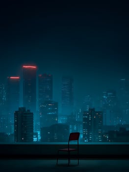 Lonely Chair on Rooftop Overlooking a Futuristic City at Night. photo