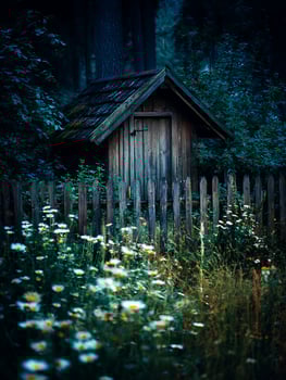 Rustic Wooden Shed in a Wildflower Meadow at Dusk. A tranquil scene of a small, aged wooden structure nestled within a lush garden, surrounded by a picket fence. photo
